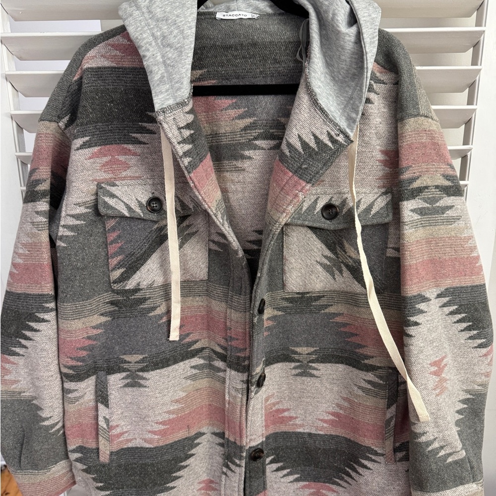 Gray and Pink Patterned Shacket, Boutique, Staccato